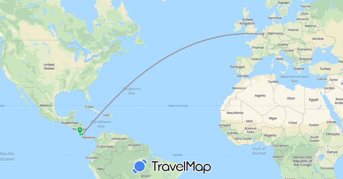 TravelMap itinerary: driving, bus, plane in Belgium, Costa Rica (Europe, North America)